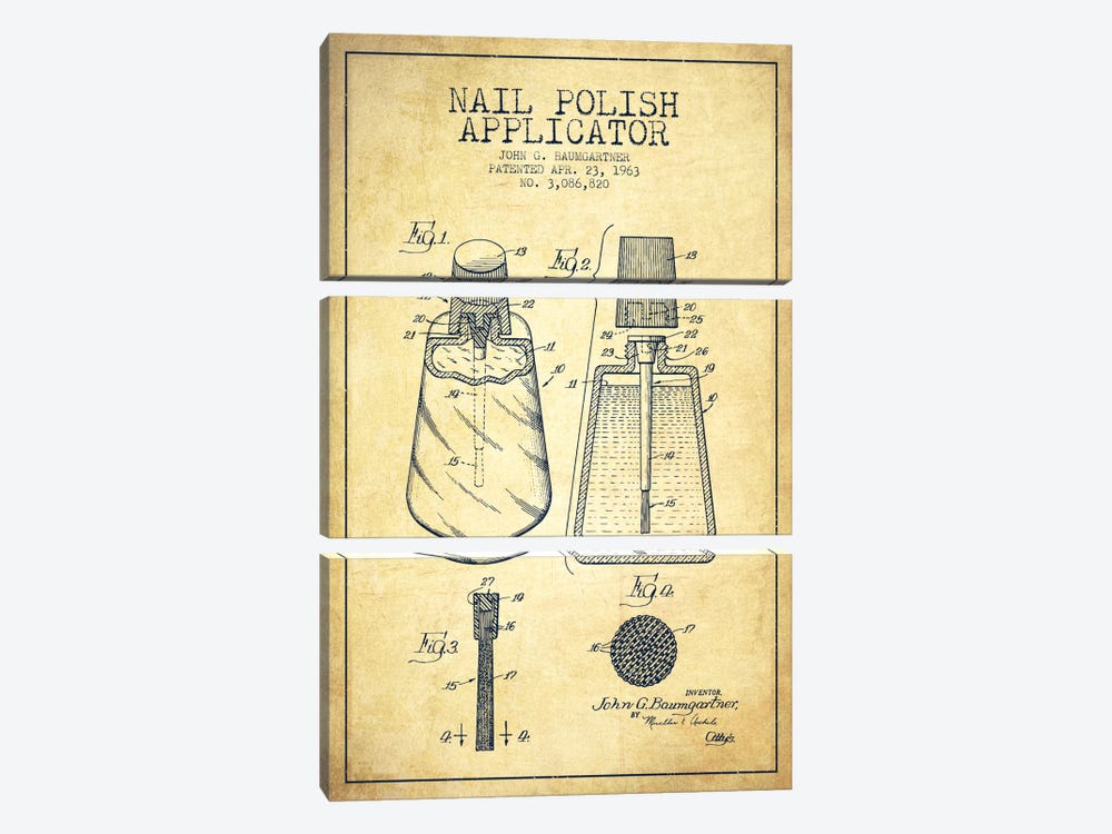 Nail Polish Applicator Vintage Patent Blueprint by Aged Pixel 3-piece Art Print