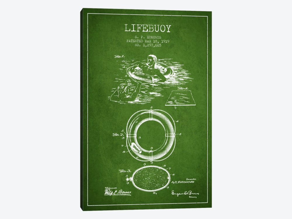 Lifebuoy Green Patent Blueprint by Aged Pixel 1-piece Canvas Print