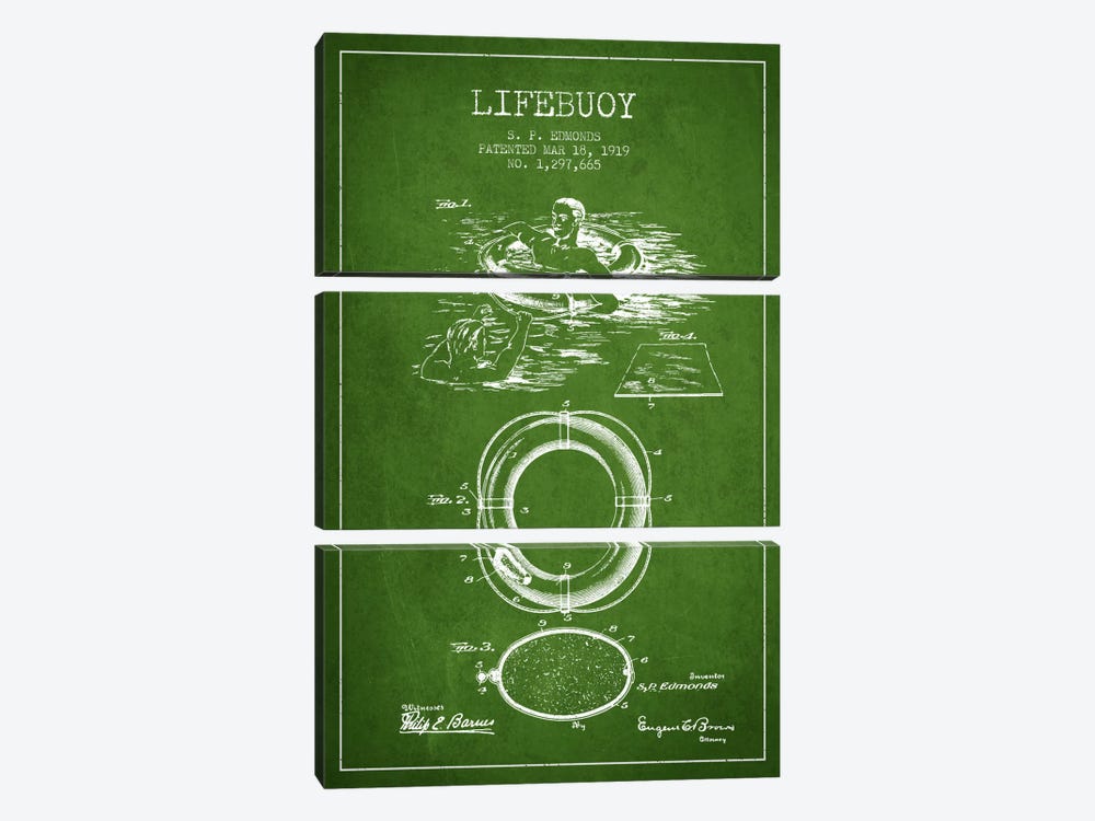 Lifebuoy Green Patent Blueprint by Aged Pixel 3-piece Art Print