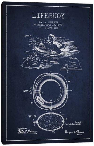 Lifebuoy Navy Blue Patent Blueprint Canvas Art Print - Aged Pixel: Nautical