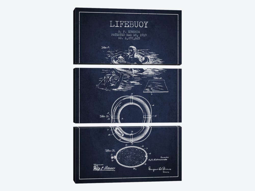 Lifebuoy Navy Blue Patent Blueprint by Aged Pixel 3-piece Canvas Artwork