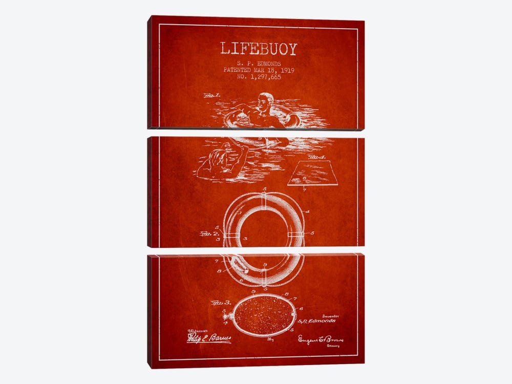 Lifebuoy Red Patent Blueprint by Aged Pixel 3-piece Canvas Print