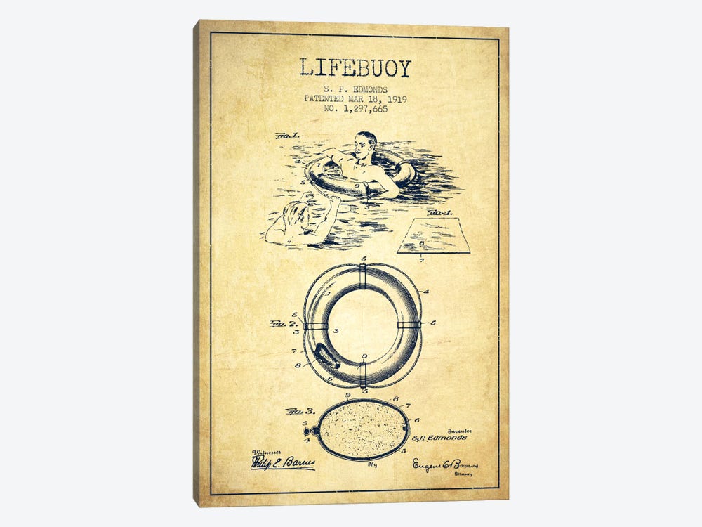 Lifebuoy Vintage Patent Blueprint by Aged Pixel 1-piece Canvas Art