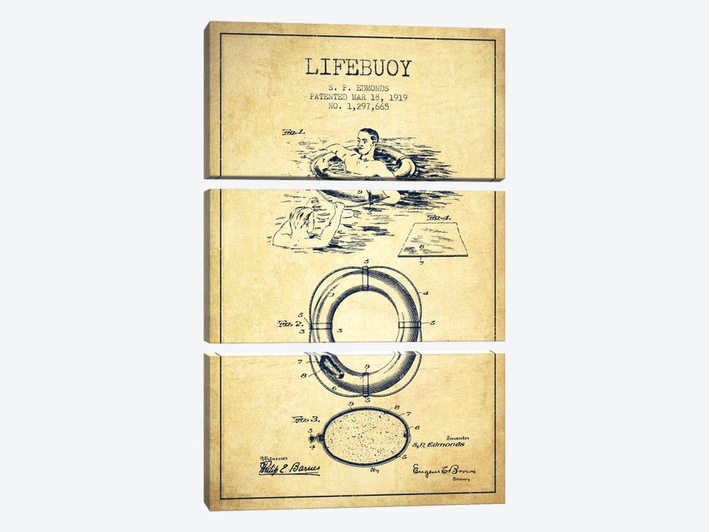 Lifebuoy Vintage Patent Blueprint by Aged Pixel 3-piece Canvas Art
