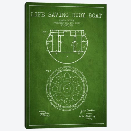 Lifebuoy Green Patent Blueprint Canvas Print #ADP2686} by Aged Pixel Canvas Print