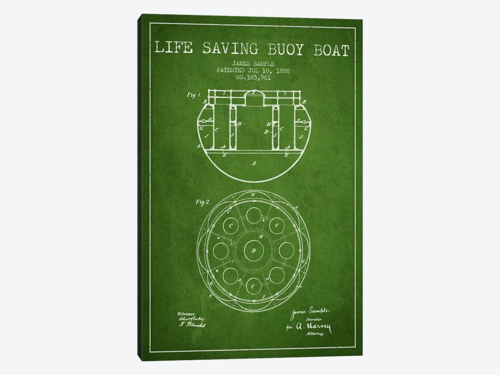 Lifebuoy Green Patent Blueprint by Aged Pixel 1-piece Canvas Artwork