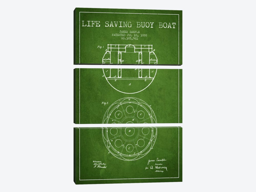 Lifebuoy Green Patent Blueprint by Aged Pixel 3-piece Canvas Wall Art