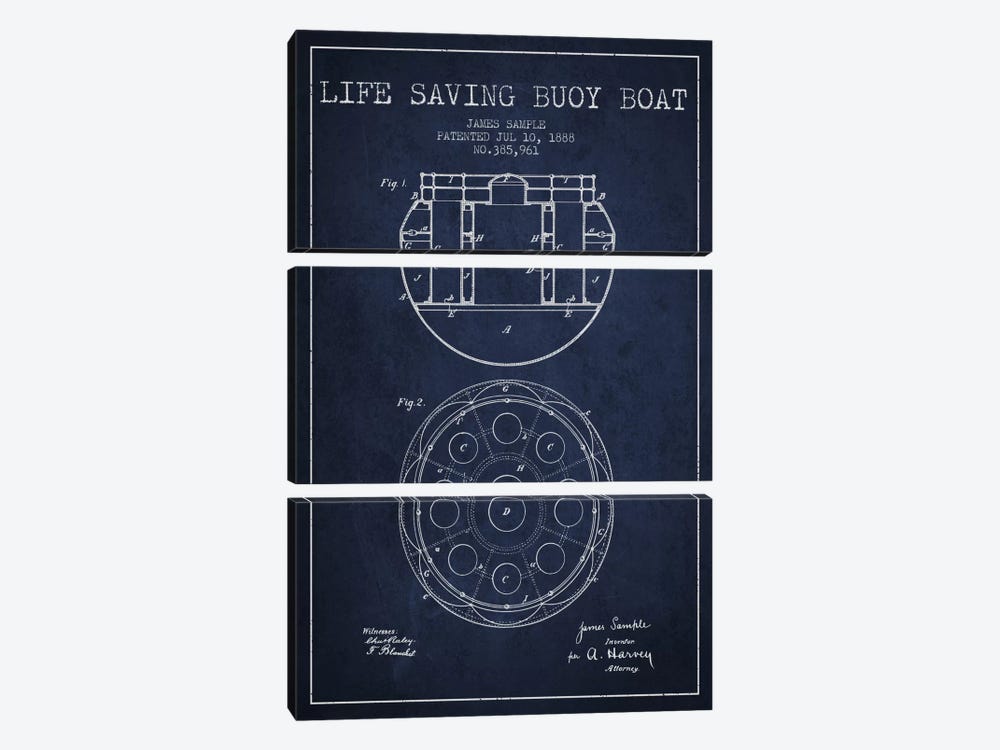 Lifebuoy Navy Blue Patent Blueprint by Aged Pixel 3-piece Canvas Print