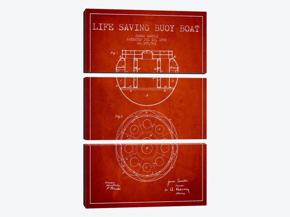 Lifebuoy Red Patent Blueprint by Aged Pixel 3-piece Canvas Art