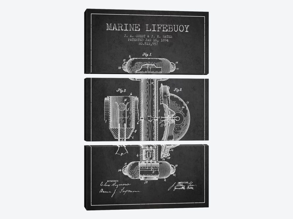 Marine Lifebuoy Charcoal Patent Blueprint by Aged Pixel 3-piece Art Print
