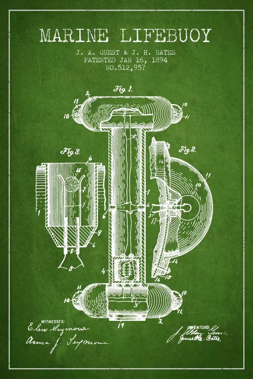 Marine Lifebuoy Green Patent Blueprint by Aged Pixel wall art