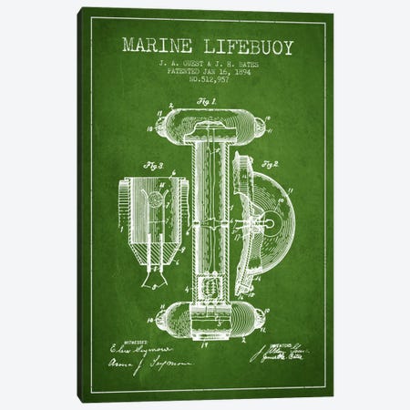 Marine Lifebuoy Green Patent Blueprint Canvas Print #ADP2691} by Aged Pixel Canvas Art Print