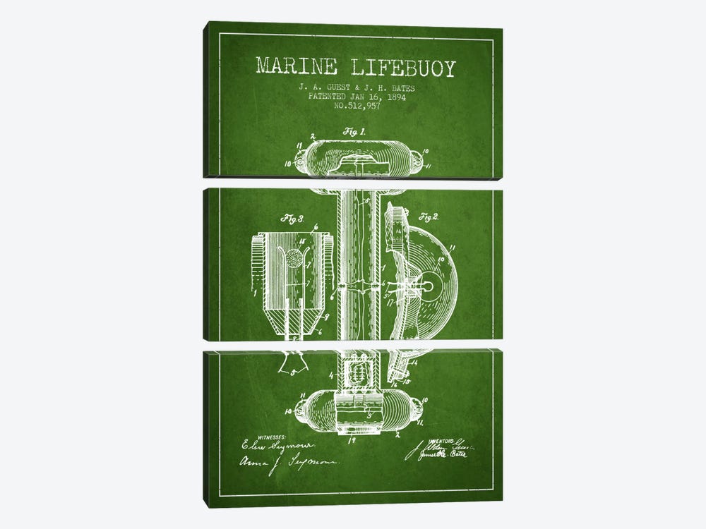 Marine Lifebuoy Green Patent Blueprint by Aged Pixel 3-piece Canvas Art