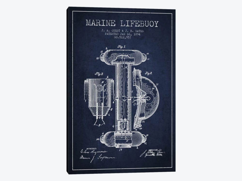 Marine Lifebuoy Marine Navy Blue Patent Blueprint by Aged Pixel 1-piece Canvas Art Print