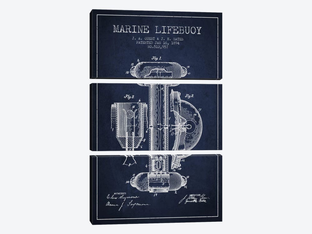 Marine Lifebuoy Marine Navy Blue Patent Blueprint by Aged Pixel 3-piece Art Print