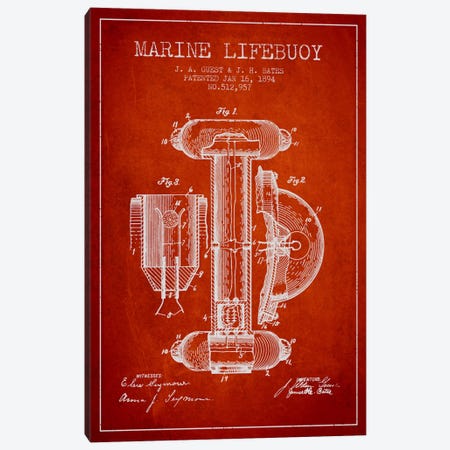 Marine Lifebuoy Red Patent Blueprint Canvas Print #ADP2693} by Aged Pixel Art Print