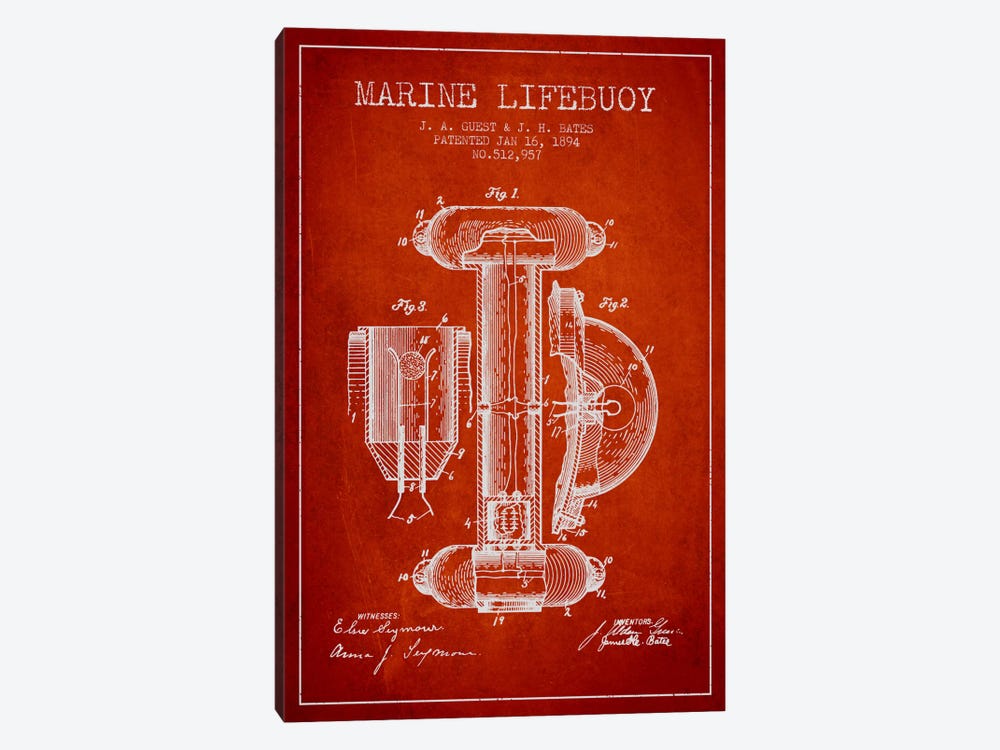 Marine Lifebuoy Red Patent Blueprint by Aged Pixel 1-piece Canvas Wall Art