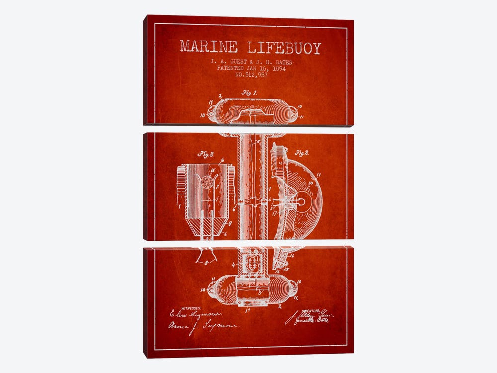 Marine Lifebuoy Red Patent Blueprint by Aged Pixel 3-piece Canvas Wall Art