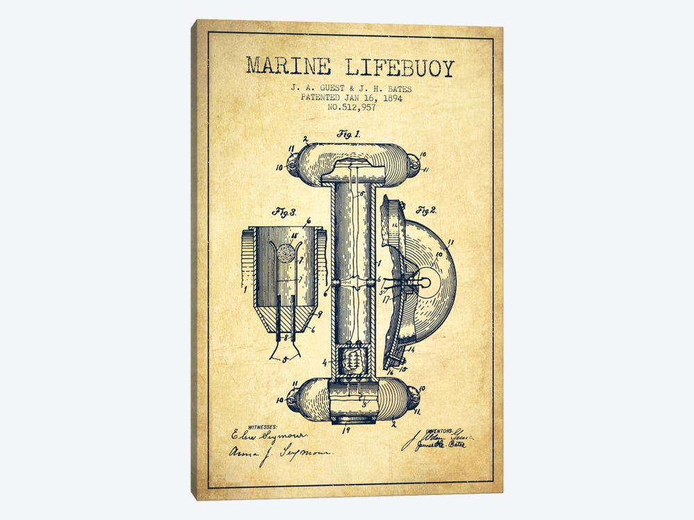 Marine Lifebuoy Vintage Patent Blueprint by Aged Pixel 1-piece Canvas Print