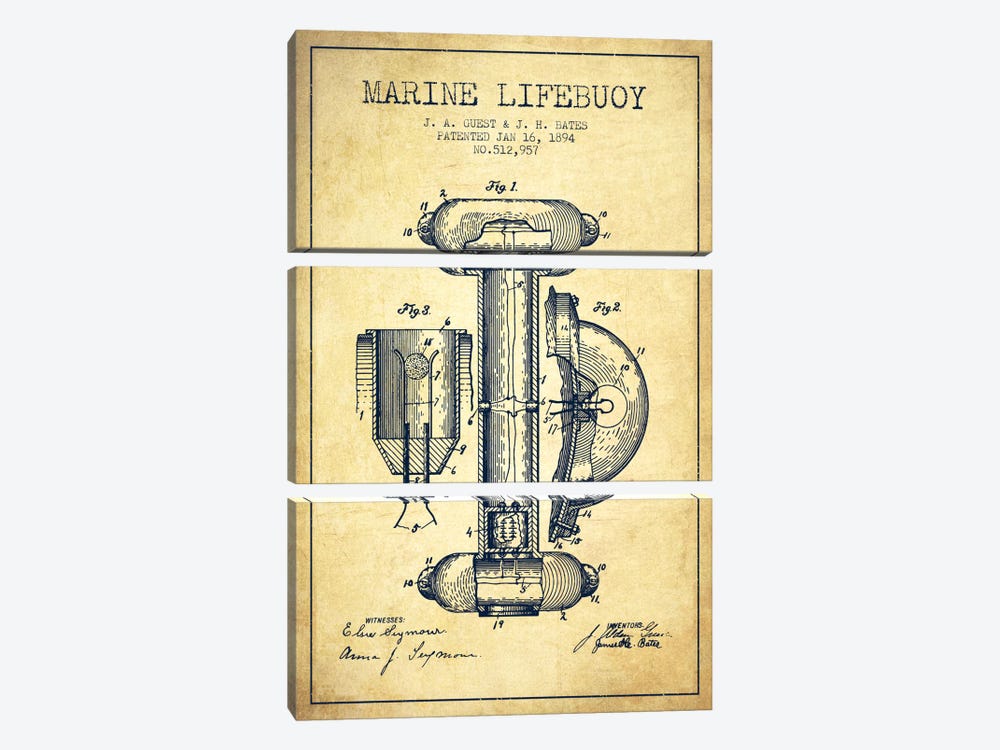 Marine Lifebuoy Vintage Patent Blueprint 3-piece Art Print