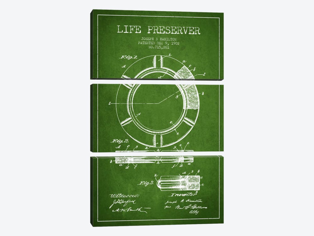 Life Preserver Green Patent Blueprint by Aged Pixel 3-piece Canvas Print