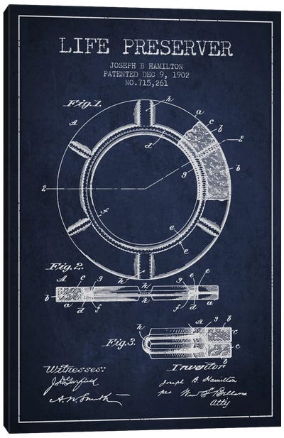 Life Preserver Navy Blue Patent Blueprint Canvas Art Print - Aged Pixel: Nautical