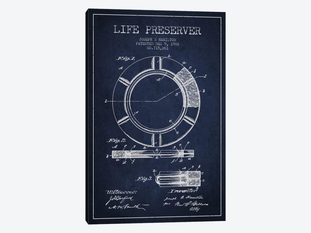 Life Preserver Navy Blue Patent Blueprint by Aged Pixel 1-piece Canvas Artwork
