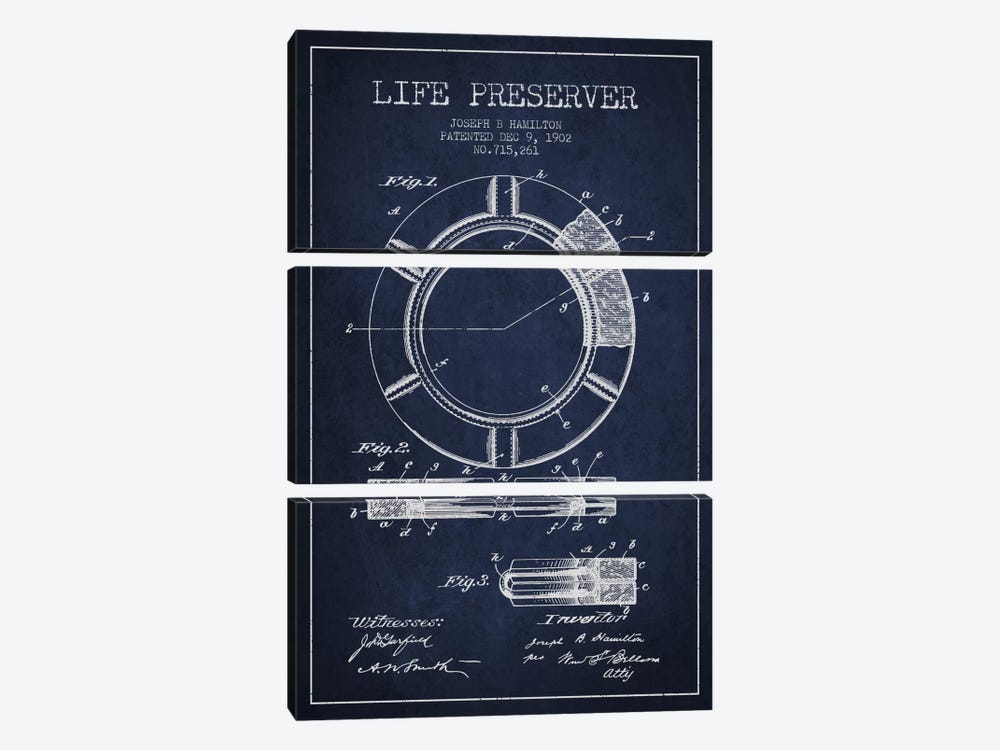 Life Preserver Navy Blue Patent Blueprint by Aged Pixel 3-piece Canvas Wall Art