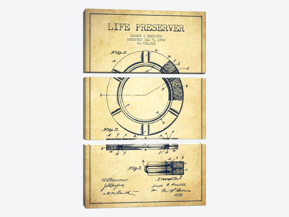Life Preserver Vintage Patent Blueprint by Aged Pixel 3-piece Canvas Art