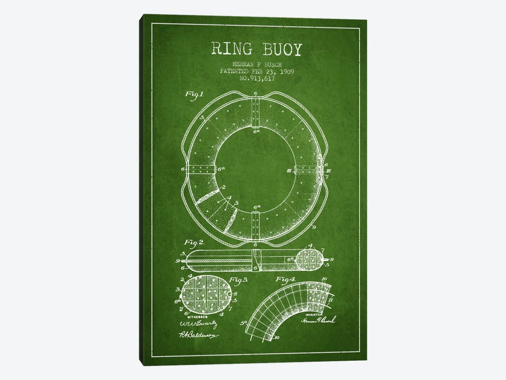 Ring Buoy Green Patent Blueprint by Aged Pixel 1-piece Canvas Artwork