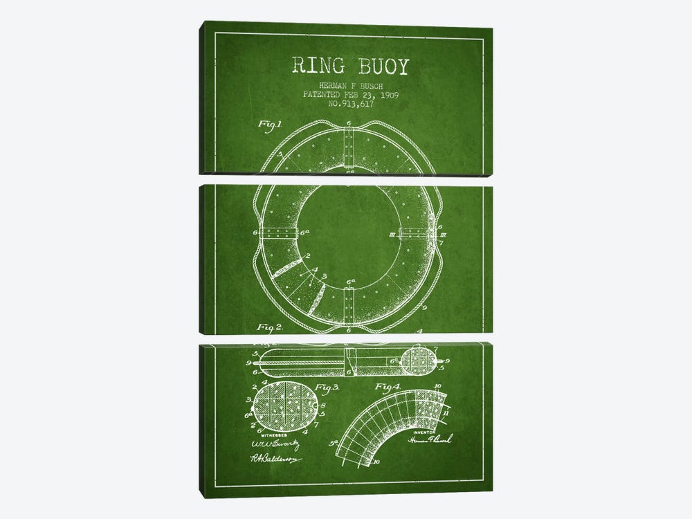 Ring Buoy Green Patent Blueprint by Aged Pixel 3-piece Canvas Wall Art