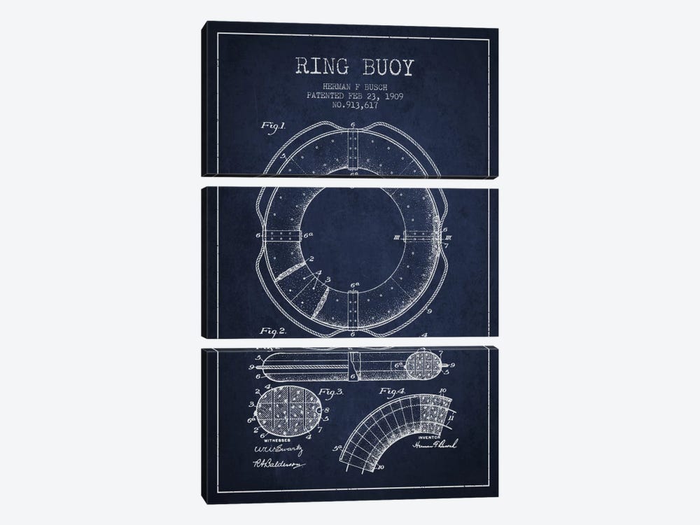 Ring Buoy Navy Blue Patent Blueprint by Aged Pixel 3-piece Canvas Print