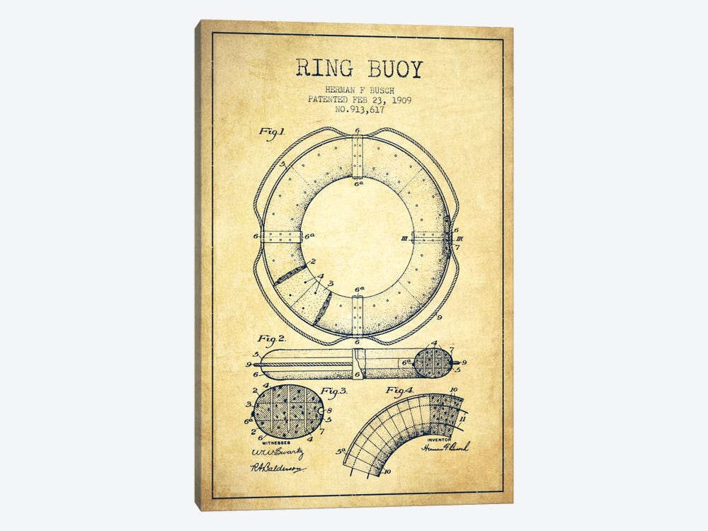 Ring Buoy Vintage Patent Blueprint by Aged Pixel 1-piece Canvas Print