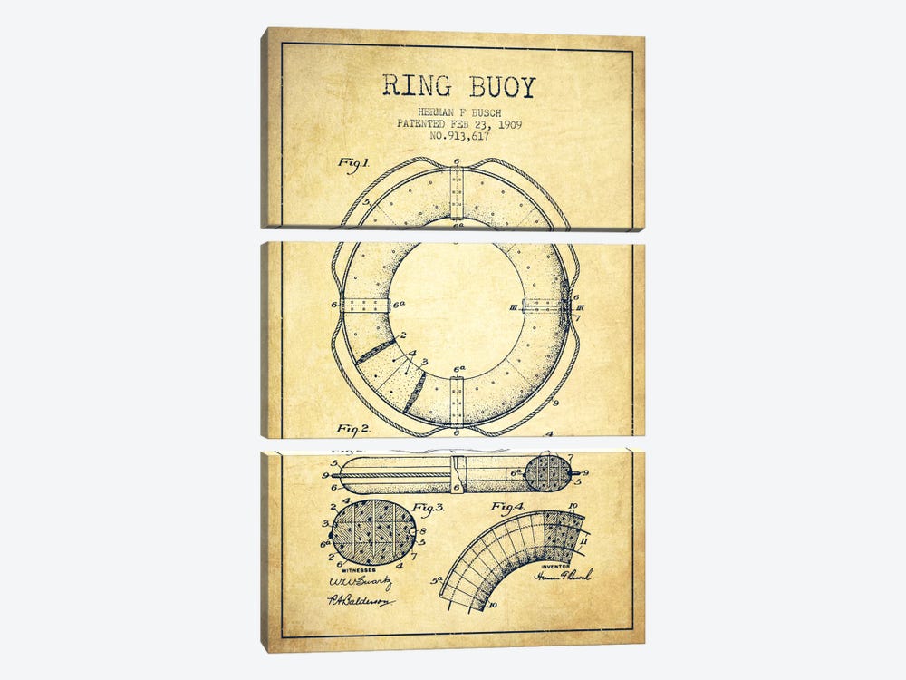 Ring Buoy Vintage Patent Blueprint by Aged Pixel 3-piece Canvas Print
