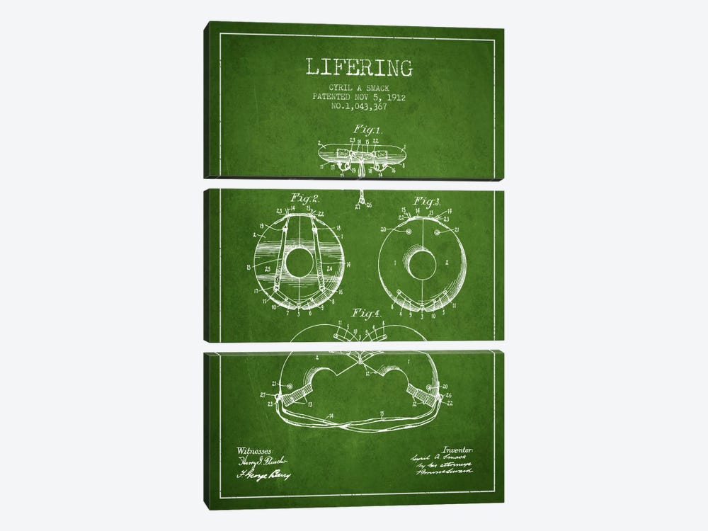 Lifering Green Patent Blueprint by Aged Pixel 3-piece Canvas Print