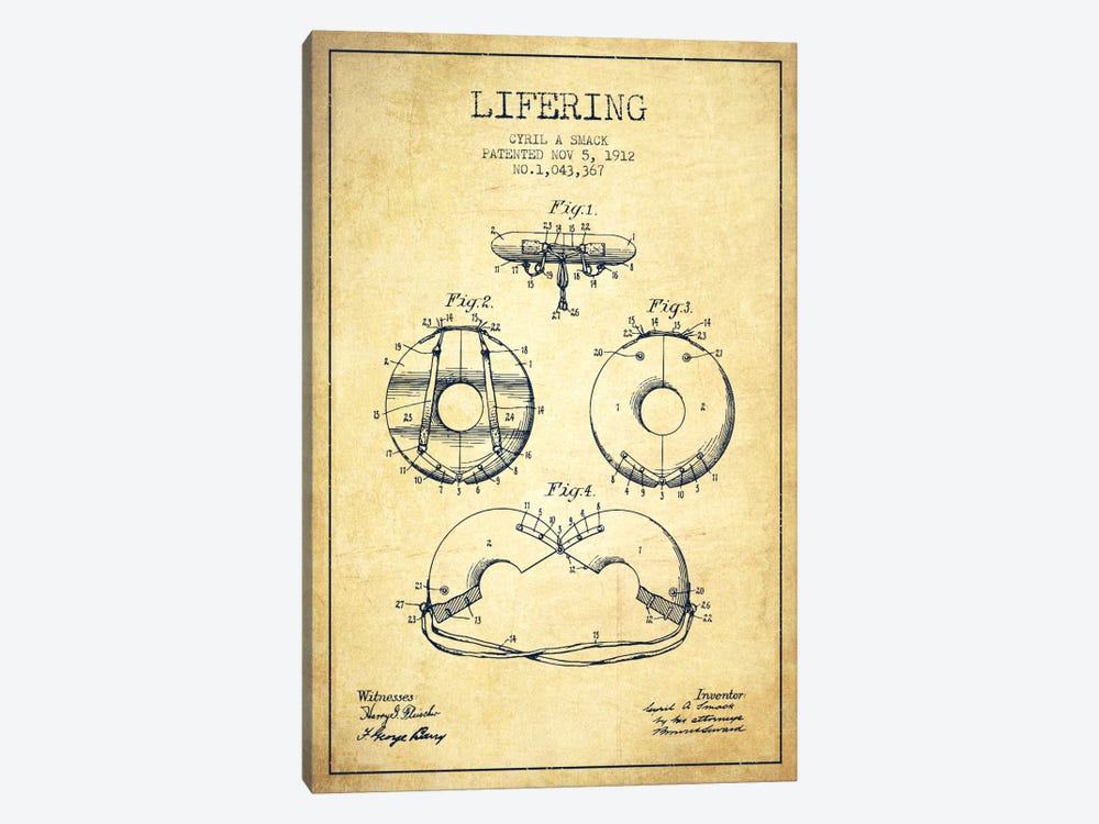 Lifering Vintage Patent Blueprint by Aged Pixel 1-piece Canvas Print