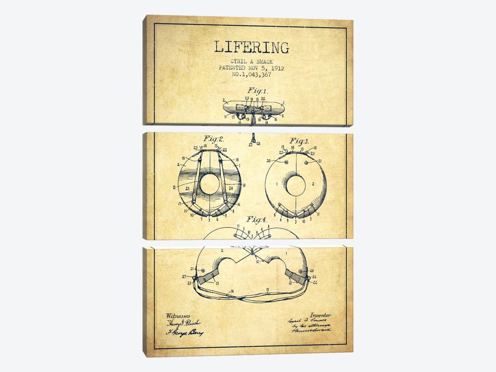 Lifering Vintage Patent Blueprint by Aged Pixel 3-piece Canvas Print
