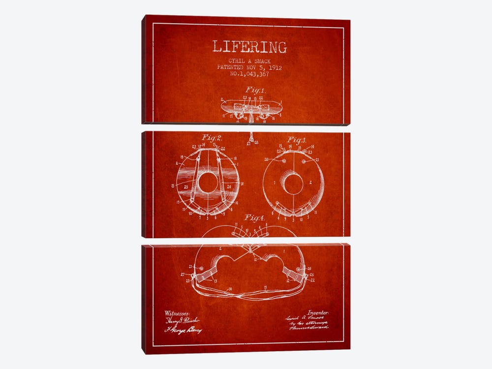 Lifering Red Patent Blueprint by Aged Pixel 3-piece Canvas Art