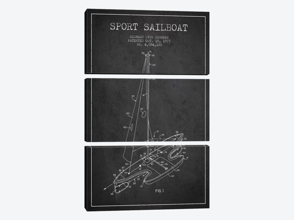 Sport Sailboat 1 Charcoal Patent Blueprint by Aged Pixel 3-piece Canvas Wall Art