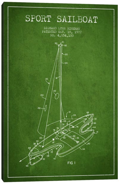 Sport Sailboat 1 Green Patent Blueprint Canvas Art Print - Sailboat Art