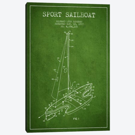 Sport Sailboat 1 Green Patent Blueprint Canvas Print #ADP2711} by Aged Pixel Canvas Wall Art