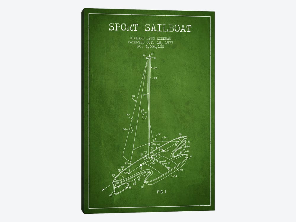 Sport Sailboat 1 Green Patent Blueprint by Aged Pixel 1-piece Canvas Art Print