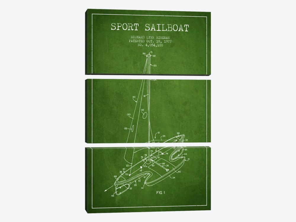 Sport Sailboat 1 Green Patent Blueprint by Aged Pixel 3-piece Art Print