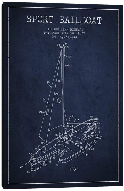 Sport Sailboat 1 Navy Blue Patent Blueprint Canvas Art Print - Boating & Sailing Art