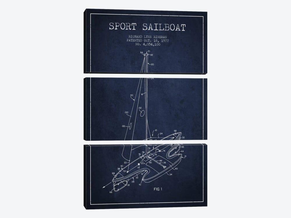 Sport Sailboat 1 Navy Blue Patent Blueprint by Aged Pixel 3-piece Canvas Art