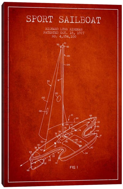 Sport Sailboat 1 Red Patent Blueprint Canvas Art Print - Boating & Sailing Art