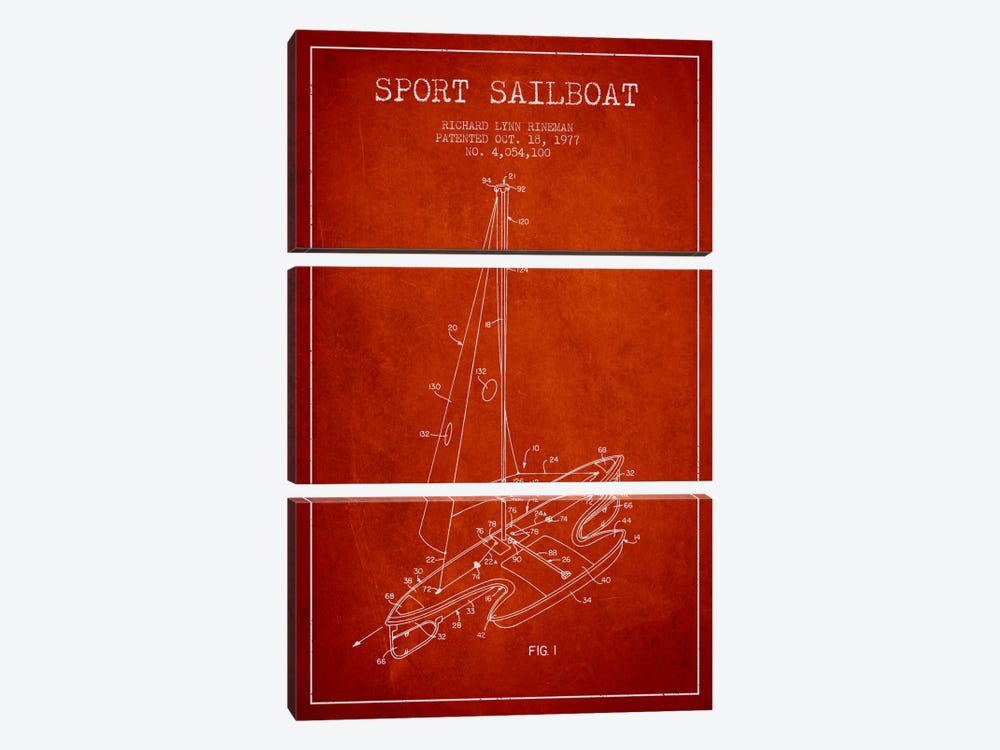 Sport Sailboat 1 Red Patent Blueprint by Aged Pixel 3-piece Canvas Print