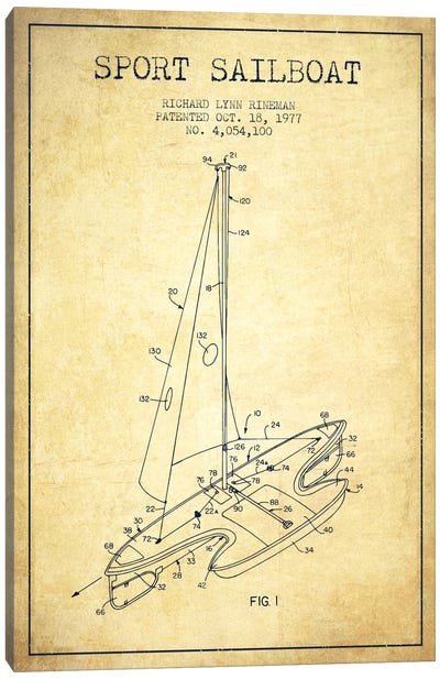 Sport Sailboat 1 Vintage Patent Blueprint Canvas Art Print - Boating & Sailing Art