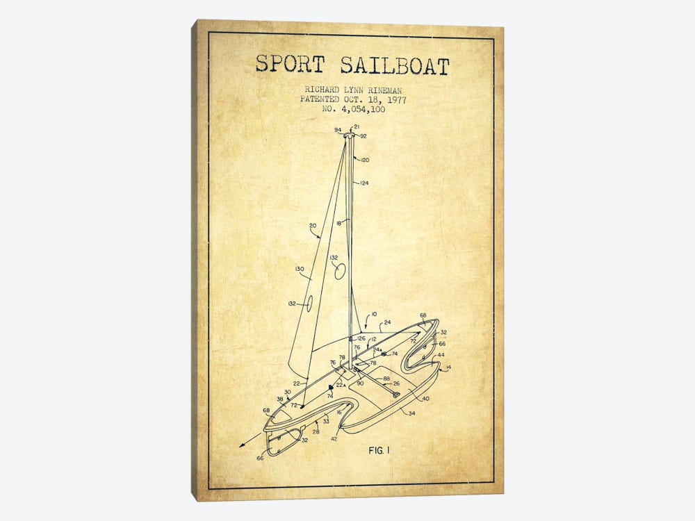 Sport Sailboat 1 Vintage Patent Blueprint by Aged Pixel 1-piece Canvas Art