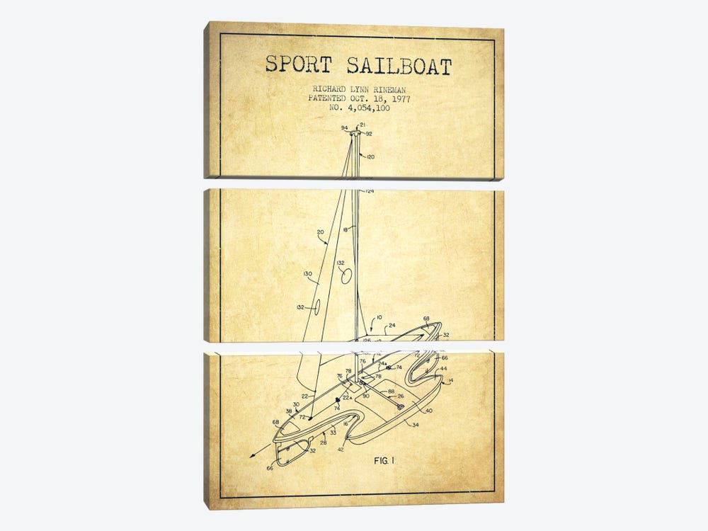 Sport Sailboat 1 Vintage Patent Blueprint by Aged Pixel 3-piece Canvas Artwork